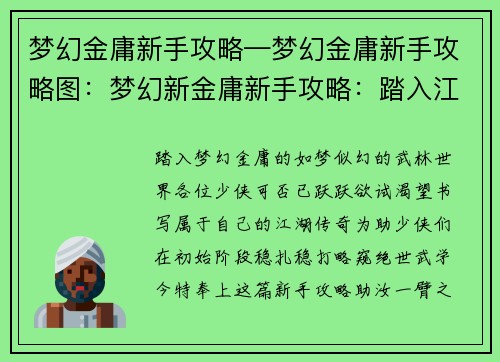 梦幻金庸新手攻略—梦幻金庸新手攻略图：梦幻新金庸新手攻略：踏入江湖，武林称雄