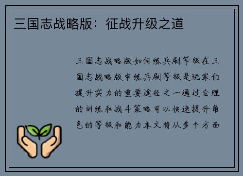 三国志战略版：征战升级之道